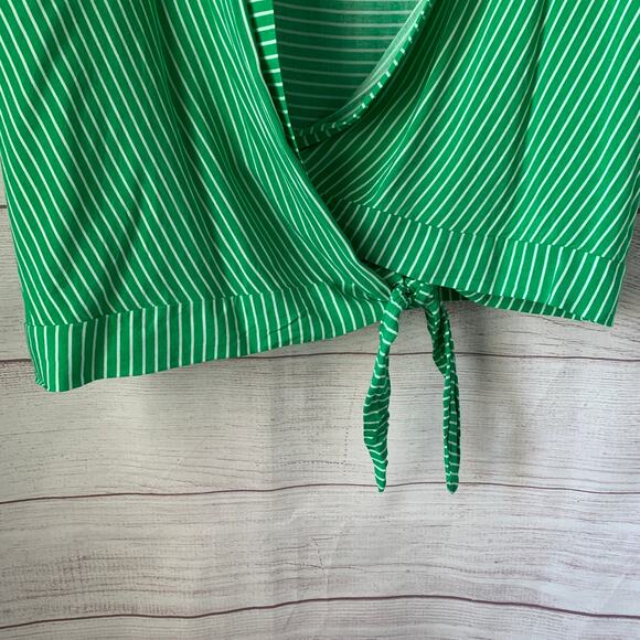 Olive & Leaf Green and White Striped Wrap Front Blouse Tie Bottom Size Large - Picture 10 of 11